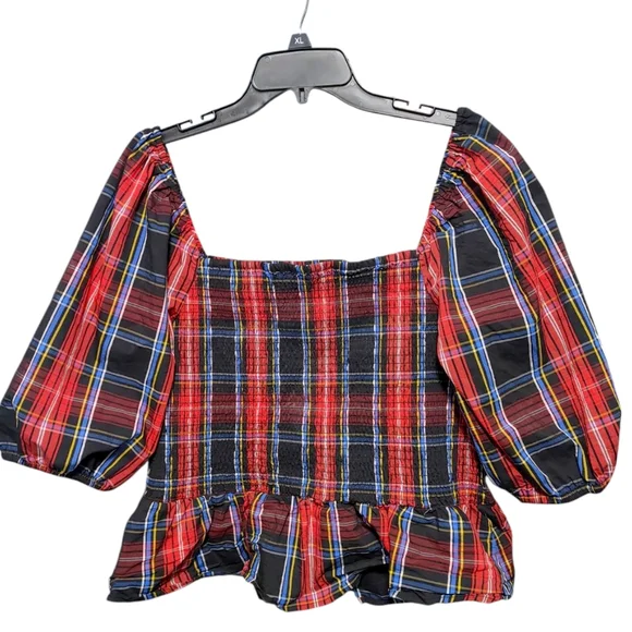 Draper James Red Plaid Smocked Peplum Poof Sleeve Top Womens Size Extra Large XL - Picture 2 of 9